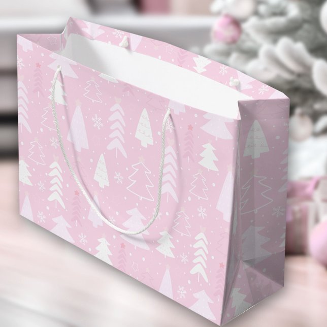 Sacola Para Presentes Grande Árvores Rosa Natal de inverno (Pink Trees Winter Christmas Large Gift Bag)