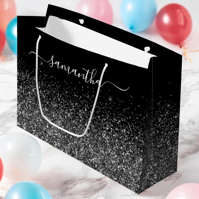 Sacola Para Presentes Grande Assinatura Elegante Preta Espelhada com Swash (Glittery Black Elegant Signature Swash Name Large Gift Bag)