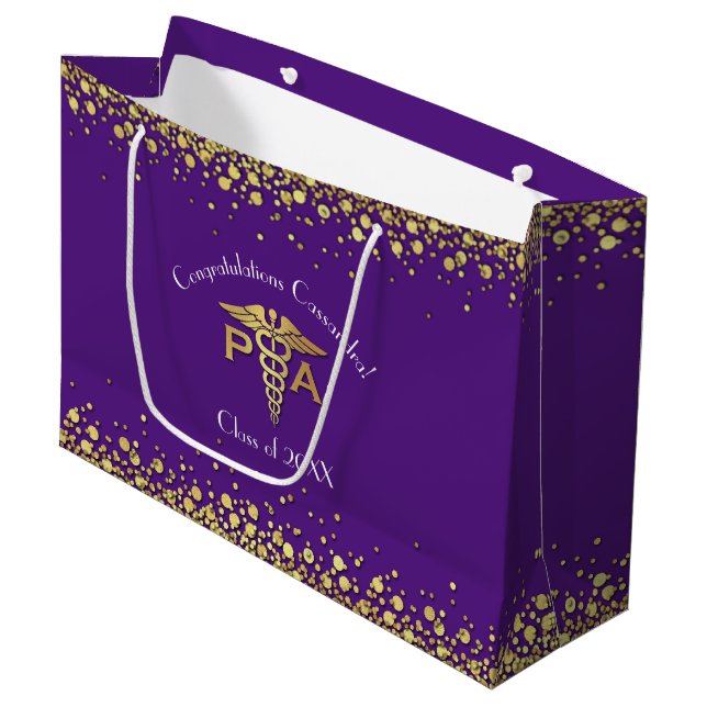 Sacola Para Presentes Grande Assistente Médico Graduado Roxo Dourado (Frente inclinada)