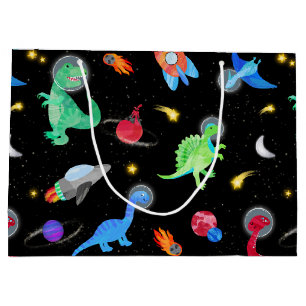 Sacola Para Presentes Grande Astronautas Dinossauros Aquarela No Espaço Anivers