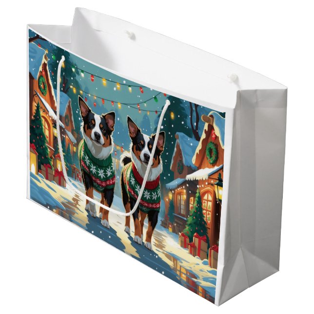 Sacola Para Presentes Grande Australian Cattle Dogs Christmas Snow Holiday (Frente inclinada)