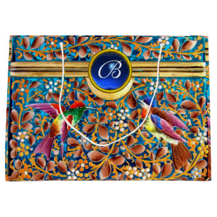 SACOLA PARA PRESENTES GRANDE AVES COLORIDAS E PADRÕES FLORAIS MONOGRAMAS GEM AZ