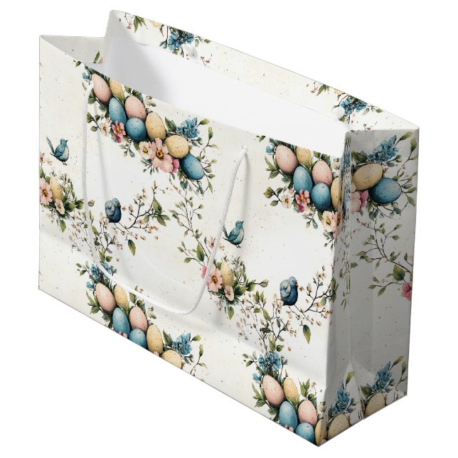 Sacola Para Presentes Grande Aves de Páscoa Aquáticas e Primavera Floral (Frente inclinada)