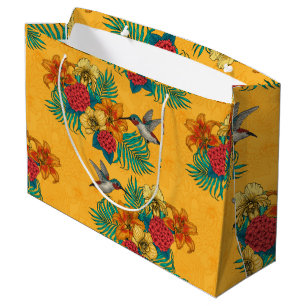 Sacola Para Presentes Grande Aves e buquês tropicais em amarelo