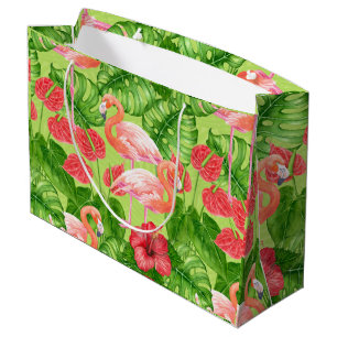 Sacola Para Presentes Grande Aves Flamingo e plantas tropicais
