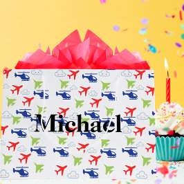 Sacola Para Presentes Grande Avião Colorido Fofo & Nuvens Aviador Personalizado