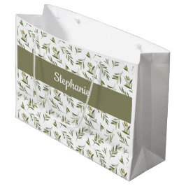 Sacola Para Presentes Grande Azeitonas Verde Sage Aquarela Monograma Nome