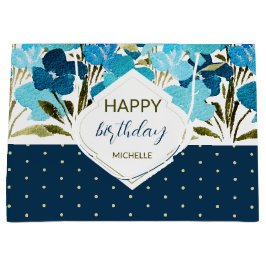 Sacola Para Presentes Grande Azul Aquarela Floral Boho Pintado à Mão