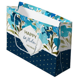Sacola Para Presentes Grande Azul Aquarela Floral Boho Pintado à Mão