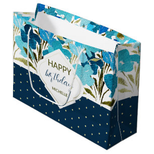 Sacola Para Presentes Grande Azul Aquarela Floral Boho Pintado à Mão