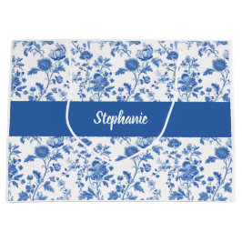 Sacola Para Presentes Grande Azul Branco Floral Vintage Monograma Nome