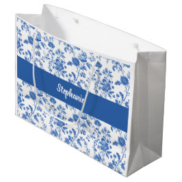 Sacola Para Presentes Grande Azul Branco Floral Vintage Monograma Nome