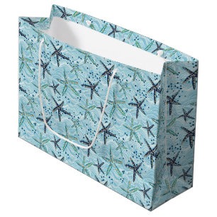 Sacola Para Presentes Grande Azul-claro e Starfish Dourado no padrão das ondas 