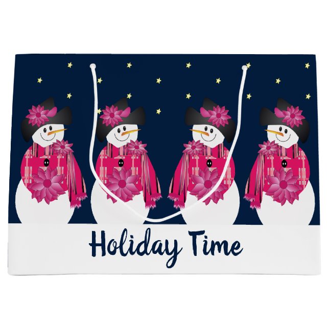 Sacola Para Presentes Grande Azul com Neve Rosa (Frente)