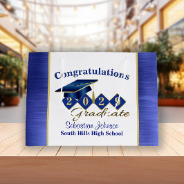 Sacola Para Presentes Grande Azul de Graduação Personalizado e Dourado