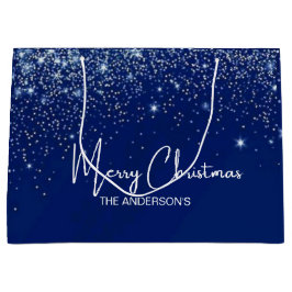 Sacola Para Presentes Grande Azul de Natal, nome da família em prata e branco b