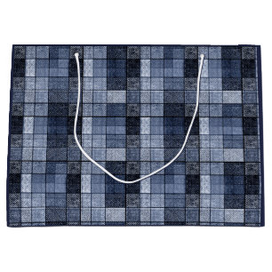 Sacola Para Presentes Grande Azul, denim, tartã, xadrez.