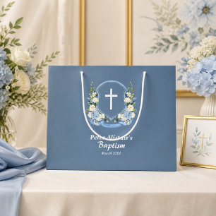 Sacola Para Presentes Grande Azul Desbotado Cruz Branca Floral Brasão Batismo