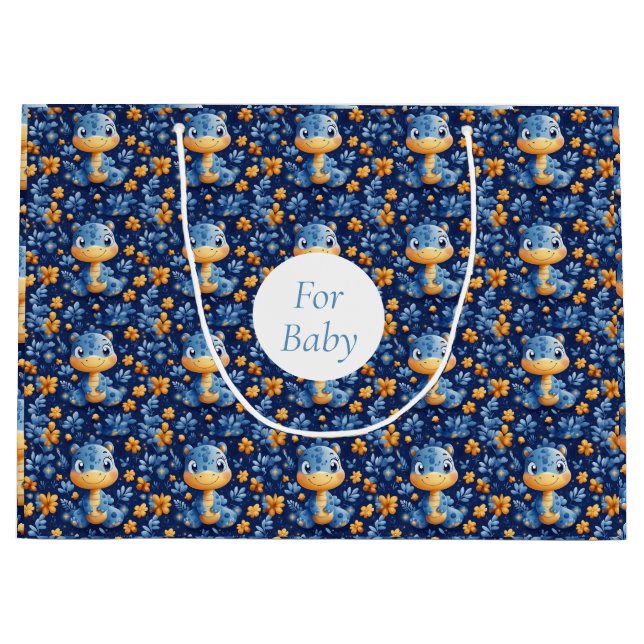 Sacola Para Presentes Grande Azul, Dinossauro Amarelo e Azul Flores (Frente)