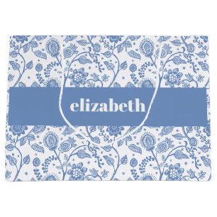 Sacola Para Presentes Grande Azul e Branco Floral Botânico Nome Personalizado M