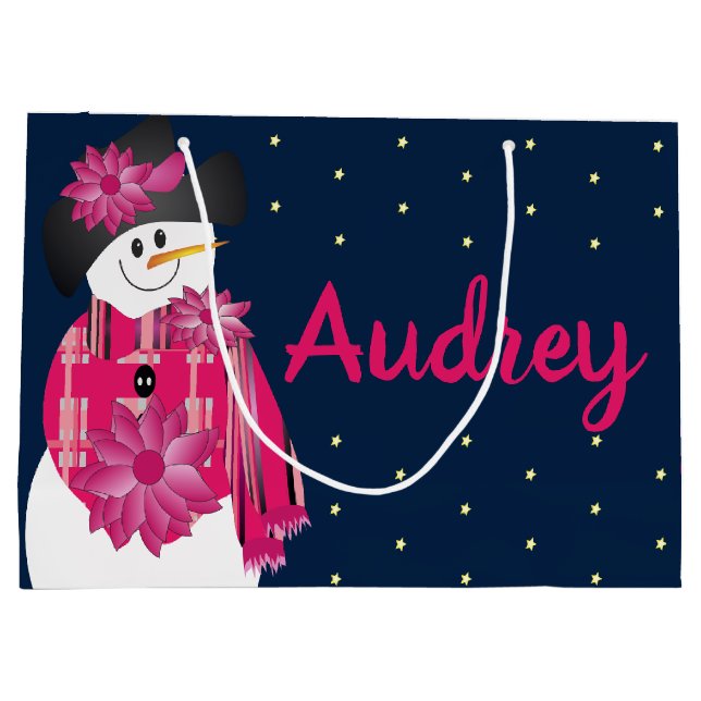 Sacola Para Presentes Grande Azul Escuro com Neve Rosa (Verso)