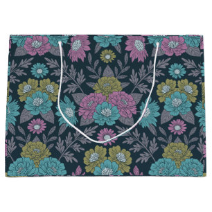 Sacola Para Presentes Grande Azul Escuro, Verde e Floral Púrpura