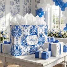 Azul Francês Toile de Jouy Padrão Nome Monograma