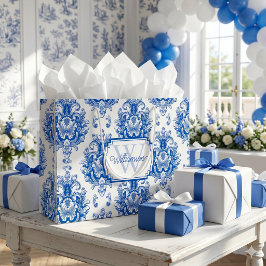Sacola Para Presentes Grande Azul Francês Toile de Jouy Padrão Nome Monograma