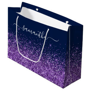 Sacola Para Presentes Grande Azul Marinho e Glitter Roxo Real Nome Elegante