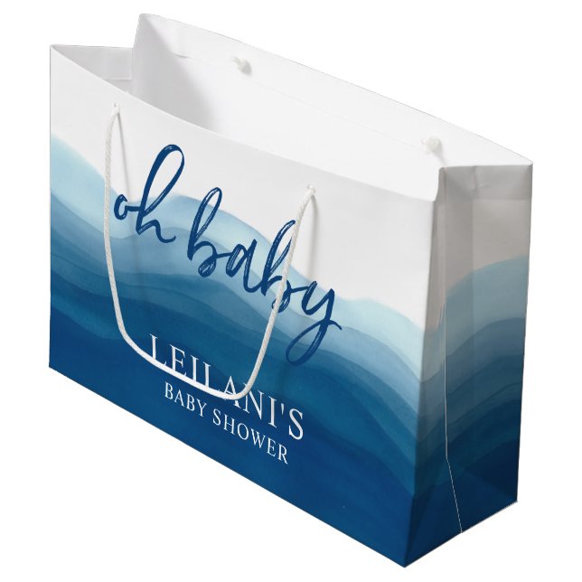 Sacola Para Presentes Grande Azul Ombre Aquarela Chá de fraldas (Frente inclinada)