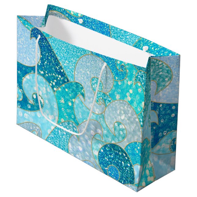 Sacola Para Presentes Grande Azul Sereia Faux Glitter Sea- Teal Dourado Oceano (Frente inclinada)