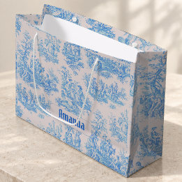 Sacola Para Presentes Grande Azul Vintage Turquesa Floral Toile Monograma