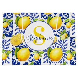 Sacola Para Presentes Grande Azulejo Azul Branco com Limão Monograma Nome Citri