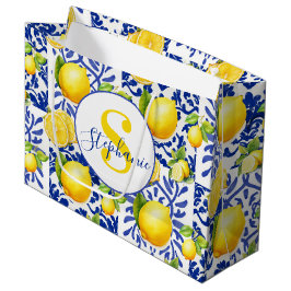 Sacola Para Presentes Grande Azulejo Azul Branco com Limão Monograma Nome Citri