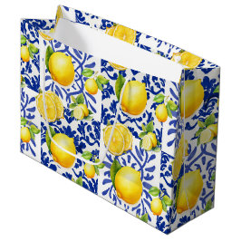 Sacola Para Presentes Grande Azulejo Azul Branco com Padrão de Limão Mediterrân