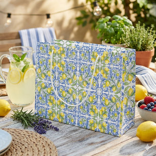 Sacola Para Presentes Grande Azulejo Azul Limão da Costa Amalfi Mediterrânea