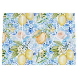 Sacola Para Presentes Grande Azulejo Azul Mediterrâneo Limão Amarelo Aquarela