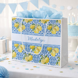 Sacola Para Presentes Grande Azulejo Branco Azul Nome do Padrão Limão Mediterrâ