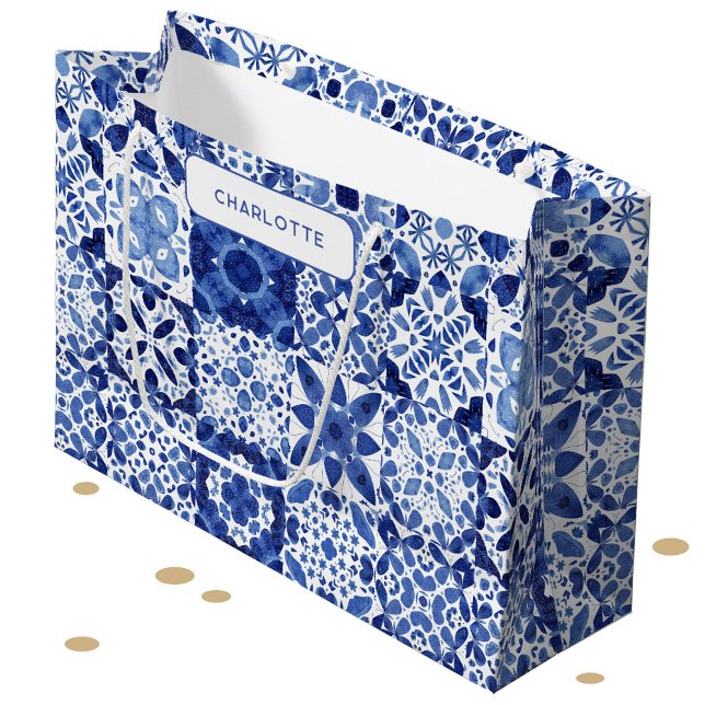 Sacola Para Presentes Grande Azulejo Mediterrâneo Branco e Azul Personalizado (Mediterranean blue and white tile pattern personalized name gift bag)