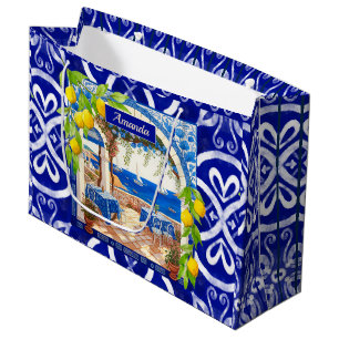 Sacola Para Presentes Grande Azulejos de citrinos majolica do Mediterrâneo sici