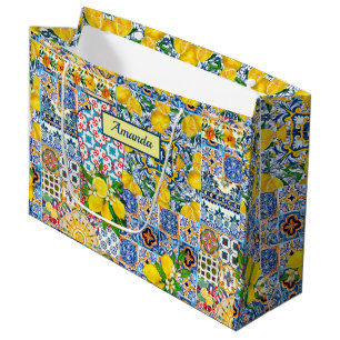 Sacola Para Presentes Grande Azulejos de laranja do Mediterrâneo Chic Vase