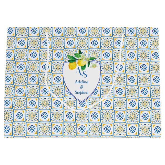 Sacola Para Presentes Grande Azulejos do Mediterrâneo Azul Itália Crest Lemon W (Frente)