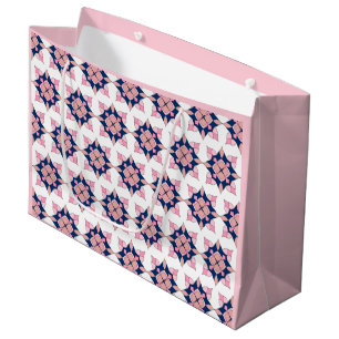 Sacola Para Presentes Grande Azulejos Florais Geométricos Rosa e Azul Marinho