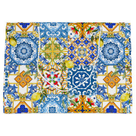 Sacola Para Presentes Grande Azulejos mediterrânicos, majolica, estilo Sicilian