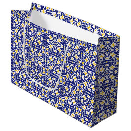 Sacola Para Presentes Grande Azulejos mediterrânicos Padrão Azul e Amarelo
