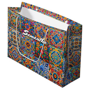 Sacola Para Presentes Grande Azulejos mexicanos de amarelo-talavera-vermelho