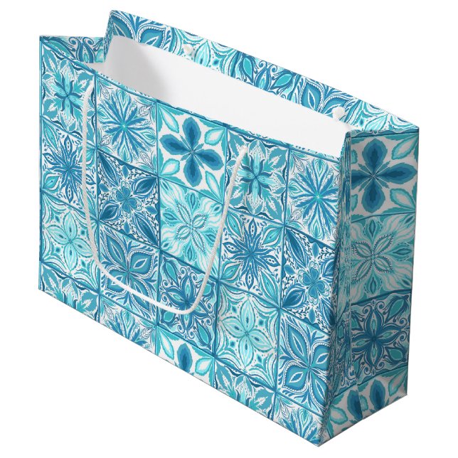 Sacola Para Presentes Grande azulejos ornamentados em azul e branco (Frente inclinada)