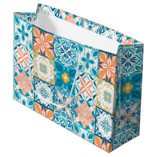 Sacola Para Presentes Grande azulejos ornamentados em azul e laranja