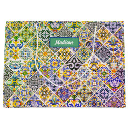 Sacola Para Presentes Grande Azulejos verdes do Mediterrâneo Elegante