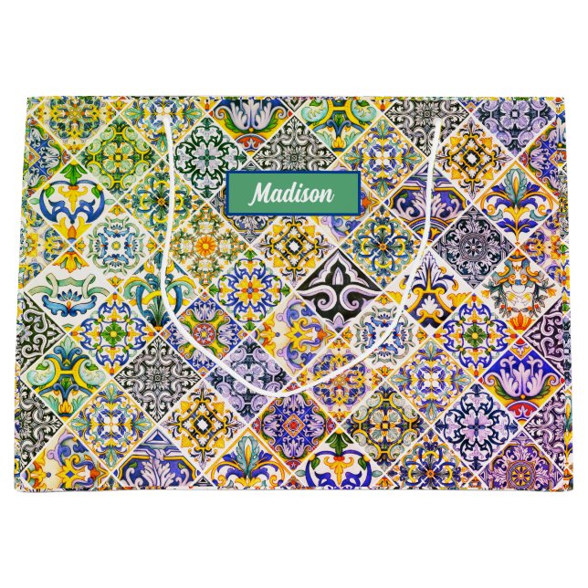 Sacola Para Presentes Grande Azulejos verdes do Mediterrâneo Elegante (Frente)